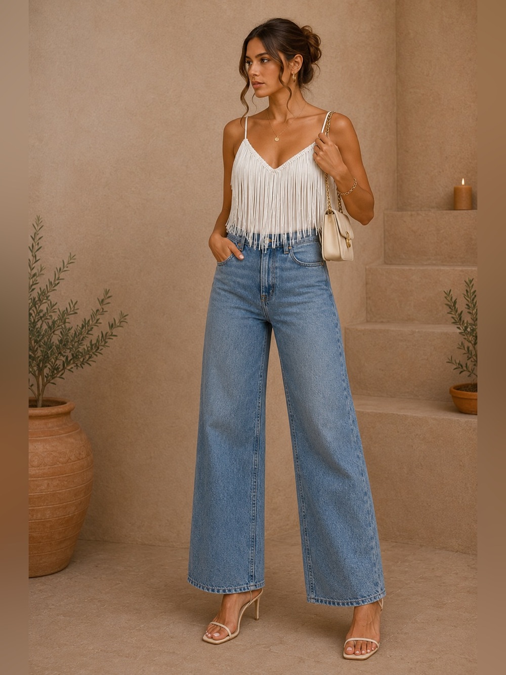 SHEIN White Spaghetti Strap Crop Top with Fringe Detail